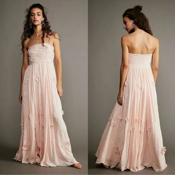 Free People Rosa Floral Appliqué Maxi Dress Gown Pale Peach/  Size S - Picture 3 of 10